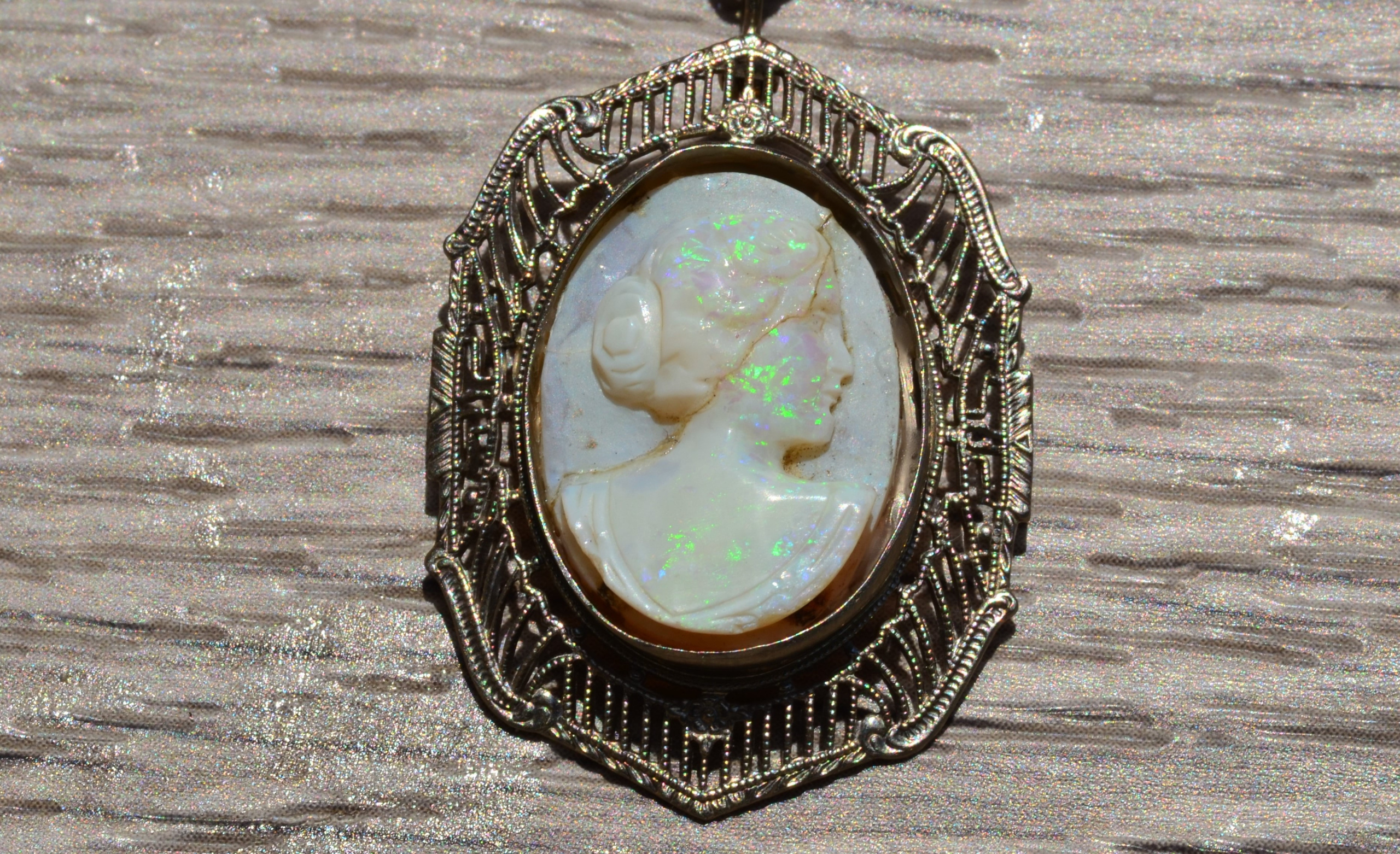 SOLD - The Dama: Carved Opal Cameo in White Gold Filigree Frame
