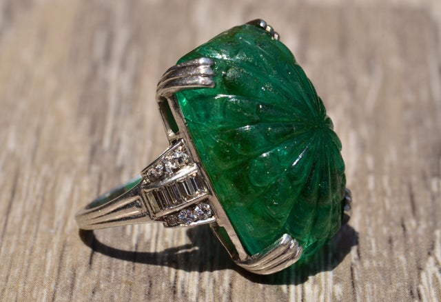 The Eleanor: Extremely Rare Antique Carved Cabochon Colombian Emerald Ring