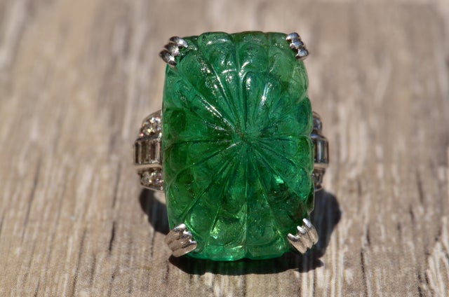 The Eleanor: Extremely Rare Antique Carved Cabochon Colombian Emerald Ring